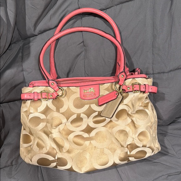 Coach Handbags - Coach Gold and Pink Shoulder Bag with Signature Monogram